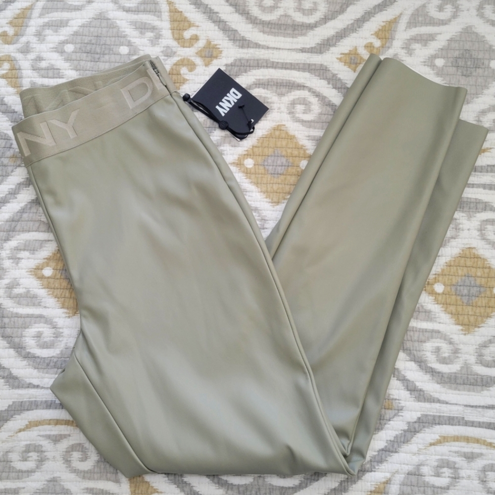 DKNY Vegan Leather Raw Hem Straight Leg Pants M NWT Thyme Elastic Waistband